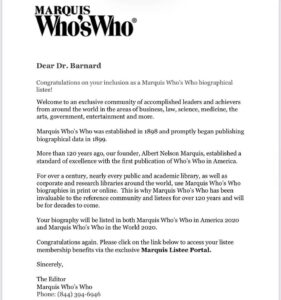 Dr. Alan Barnard's invitation into Marquis Who's Who